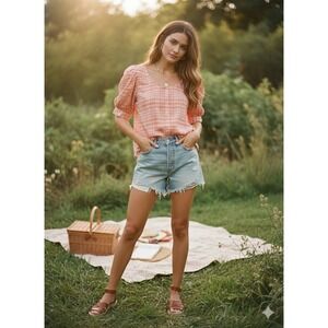 Treasure & Bond Orange‎ Gingham Top M Puff Sleeve Cottagecore Picnic Boho Blouse